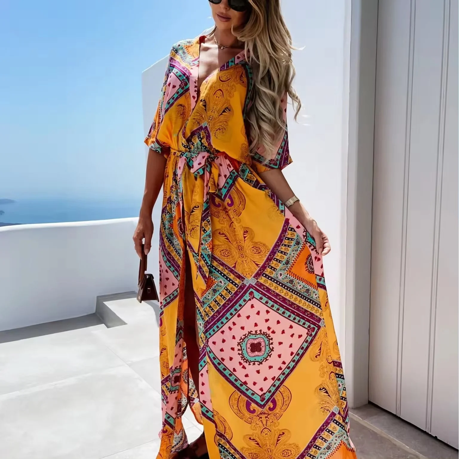 Women's 2024 Floral Boho Dress Wrap V Neck Short Sleeve Belted Ruffle Hem A-Line Flowy Maxi Dresses