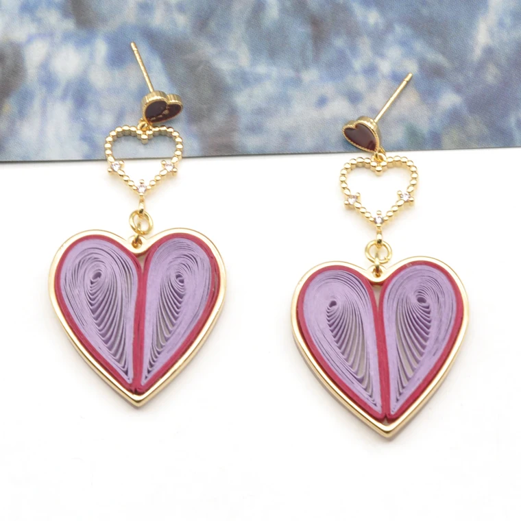 Newest design china fold paper art ear jewelry for women stylish gold heart earrings