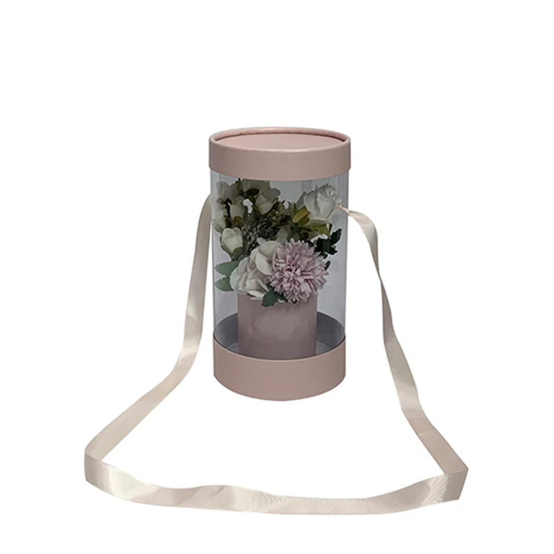 Transparent Plastic Preserved Bouquet Packaging Round Gift Clear PVC Cylindrical Flower Box For Flowers with Ribbon Handle