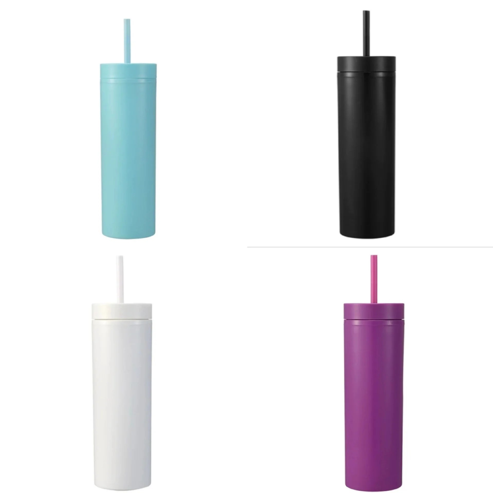 16oz Colored double Wall Plain Matte Colored Acrylic Skinny Tumblers Reusable Travel Mug Cups Water Bottle with Lid