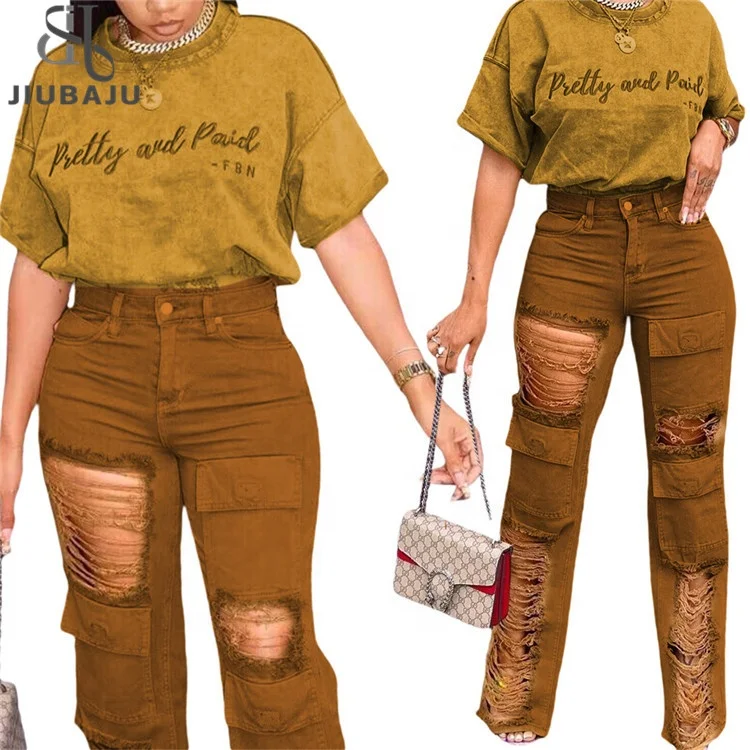 Causal Two Piece Set for Women Streetwear Embroidered Letter T-shirt Ripped Jeans 2023 Summer Fashion Outfits