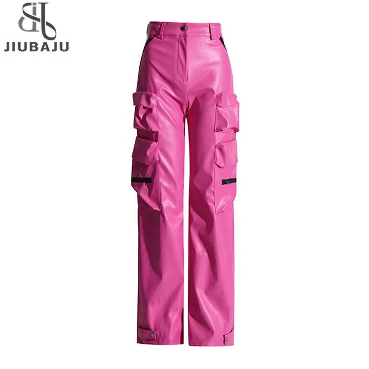 Patchwork Pockets Casual Leather Pants For Women High Waist Spliced Zipper Streetwear Straight Trousers