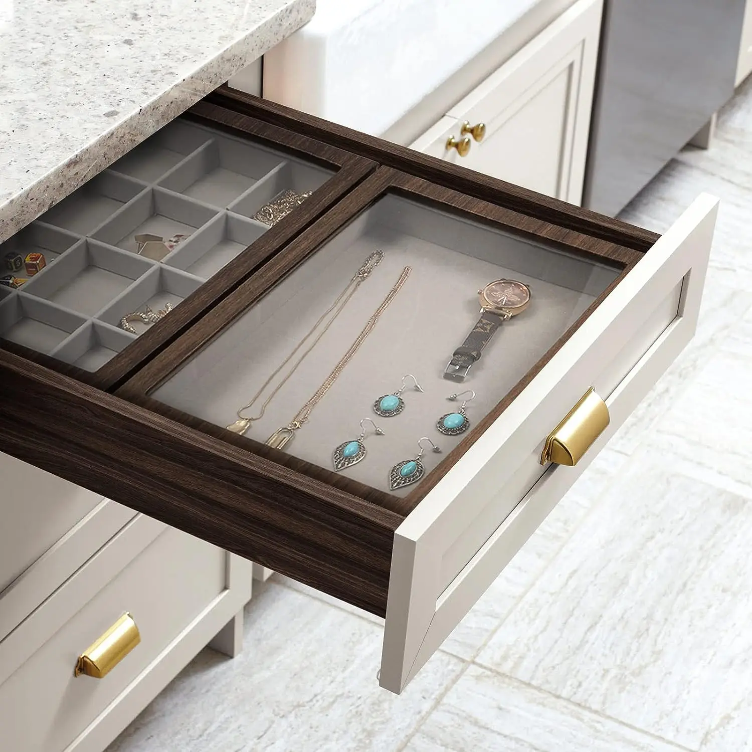 Velvet wooden Jewelry Tray Transparent Cover Stackable Ring Earring Necklace Bracelet Watch Display Cabinet