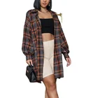 Long Women's Coat Long Long - Sleeved Plaid Women's Long Coat