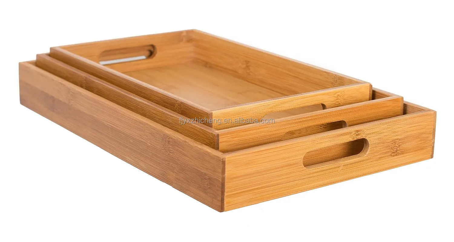 Pack Bamboo Serving Tray With Handle Multi Use Platter Trays Set For