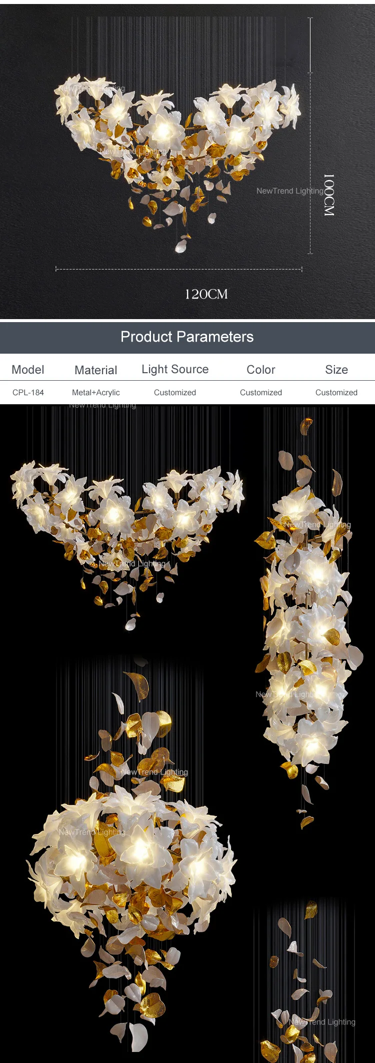CPL-184 New Product Indoor Decoration Light Villa Staircase Wedding Custom Flower LED Chandelier manufacture