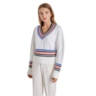 Women's Preppy Style V Neck Long Sleeves Color Stripe Twisting Design Knitted Sweater