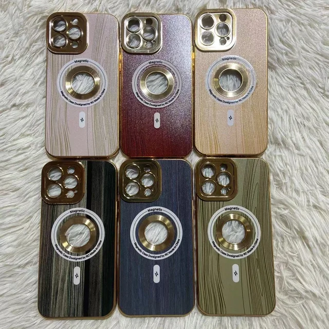 Luxury Wood Grain TPU Cell Phone Case for iPhone 15 Pro Max Electroplating Mobile Shell for Samsung A55 A35