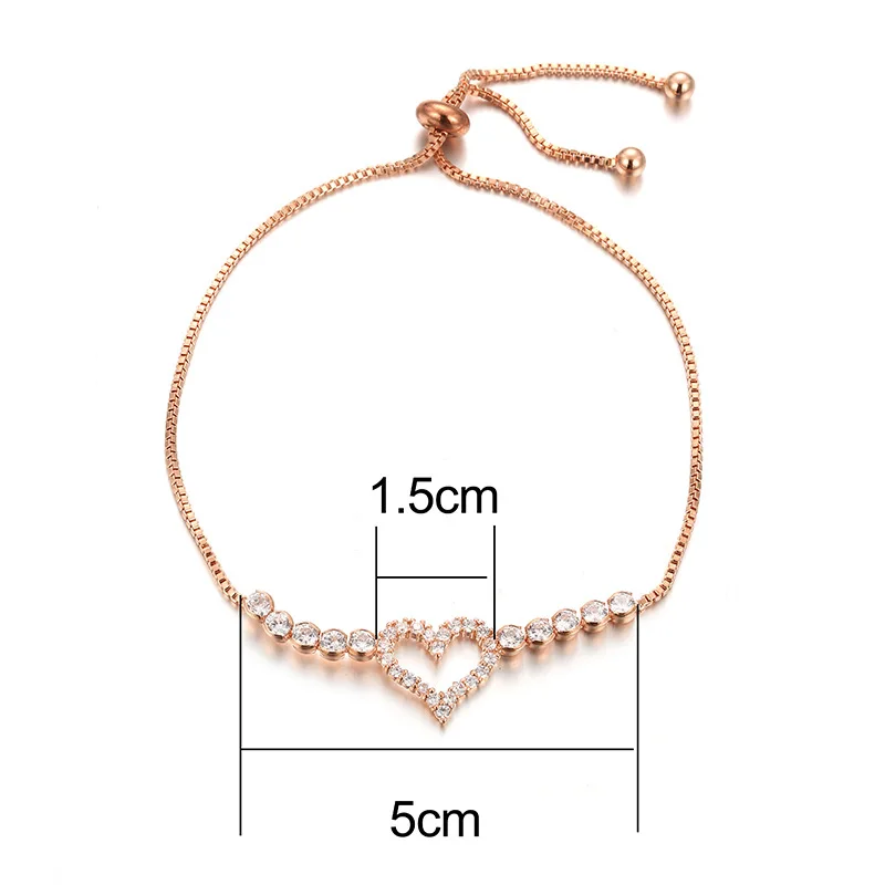 diamond heart shape bracelets for women,gold plated copper pave setting zircon adjustable chain bracelets jewelry