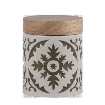 Creative Ethic Style Coffee Snack Tea Cereal Ceramic Storage Jar With Wooden Lid And Ethnic Pattern
