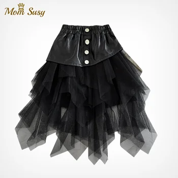2020 Fashion New Girl PU Leather Skirt Long and Short Toddler Teenager Girl Leather Patchwork Tutu Skirt Black Tulle Clothes