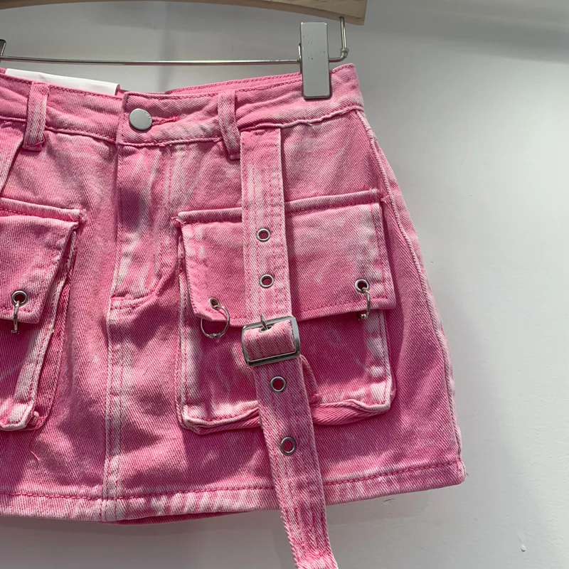 2024 Summer Women Big Pocket Vintage Short Jean Skirt Women's A-line Mini Skirt Streetwear Pocket Cargo Denim Skirt factory