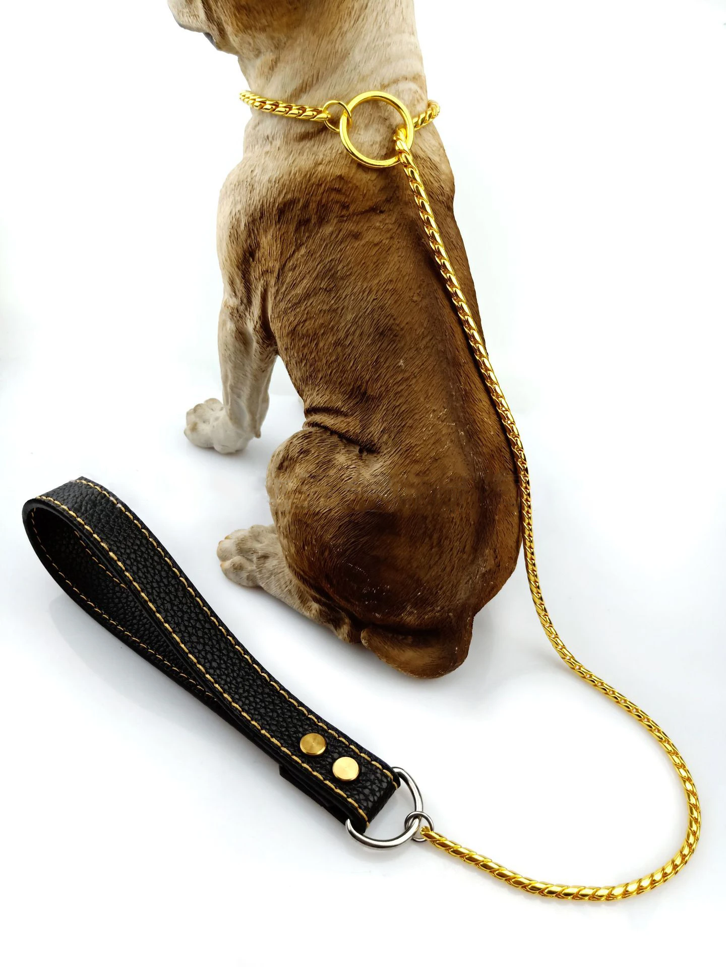 Snake Dog Collar and Leather Chain Stainless Steel Dog Leash with Leather Handle