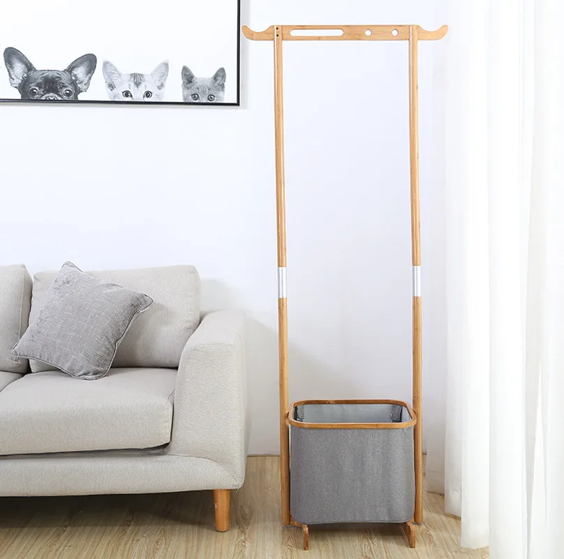 Bamboo Frame Garment Rack With Storage Basket vlr.eng.br
