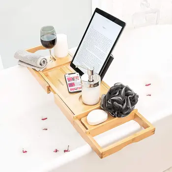 Bamboo Wooden Bathtub Tray Adjustable Bath Caddy with Soap Tray and Wine Rack for bathroom