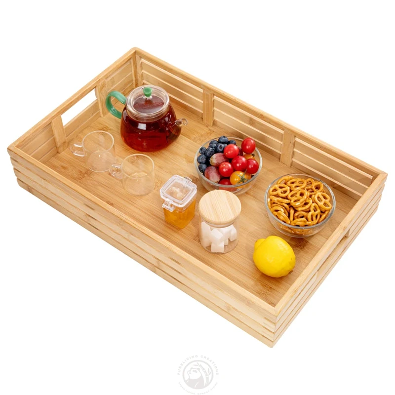 Customized Wooden Tea Food Personalized Serving Rectangle Wooden Serving Tray with Handles