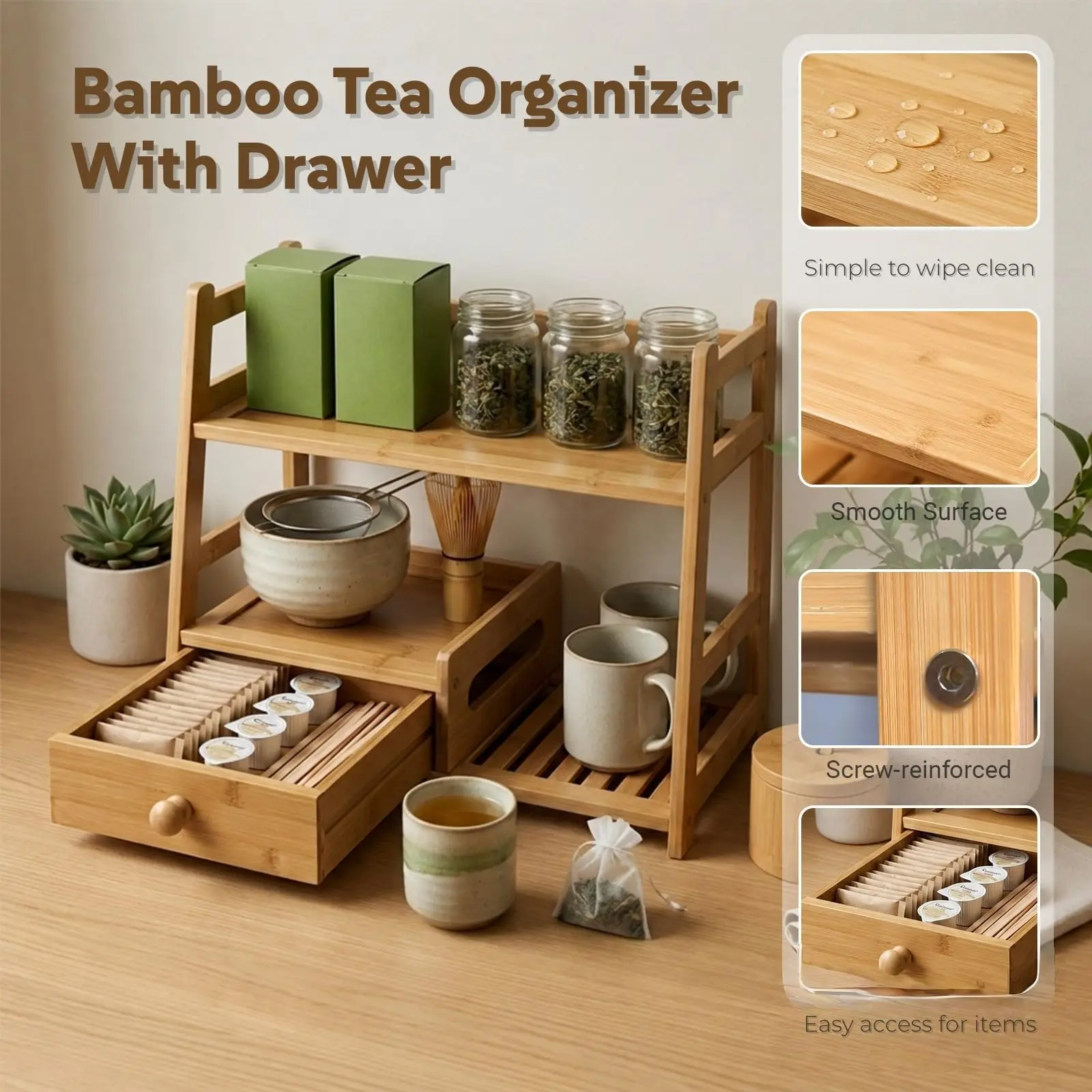 product bamboo tea matcha coffee station with drawer tea rack countertop tea bag display shelf tea station storage rack for kitchen-9