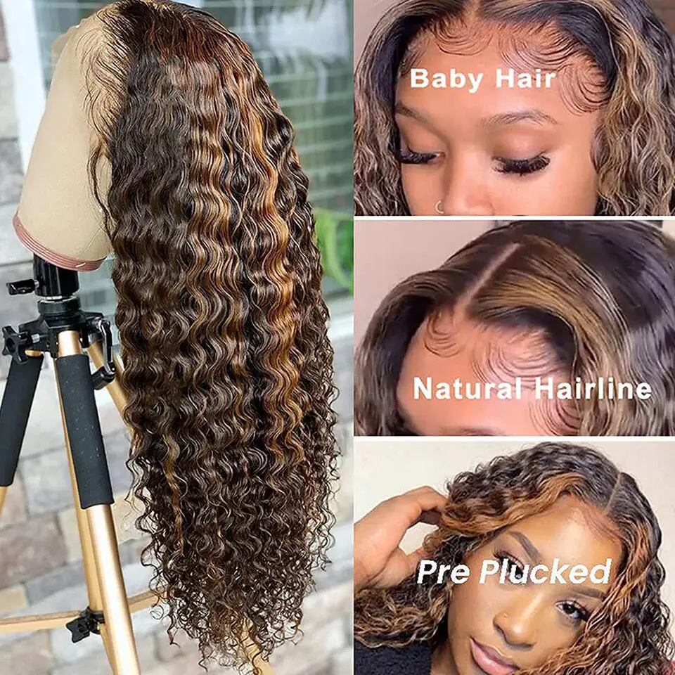 Highlight Wig Brown Deep Curly Pre Plucked Transparent 13x4 Lace Front Wig Piano Mixs Color Honey Blonde Human Hair Wig
