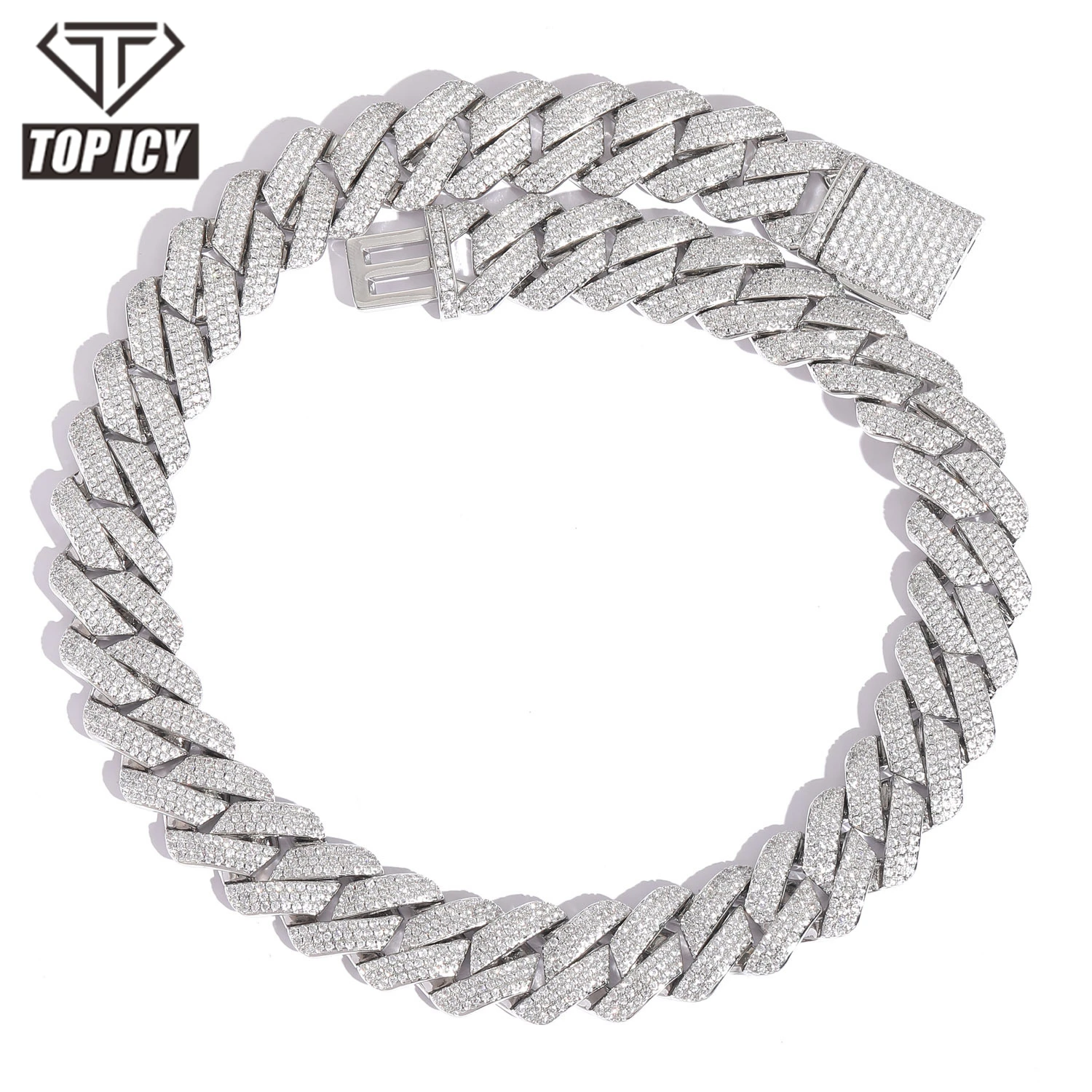 Top Icy 20mm 3rows Moissanite Cuban Chain Box Clasp Luxury Man Hip Hop Necklace 925 Sterling Silver  Moissanite Cuban Necklace