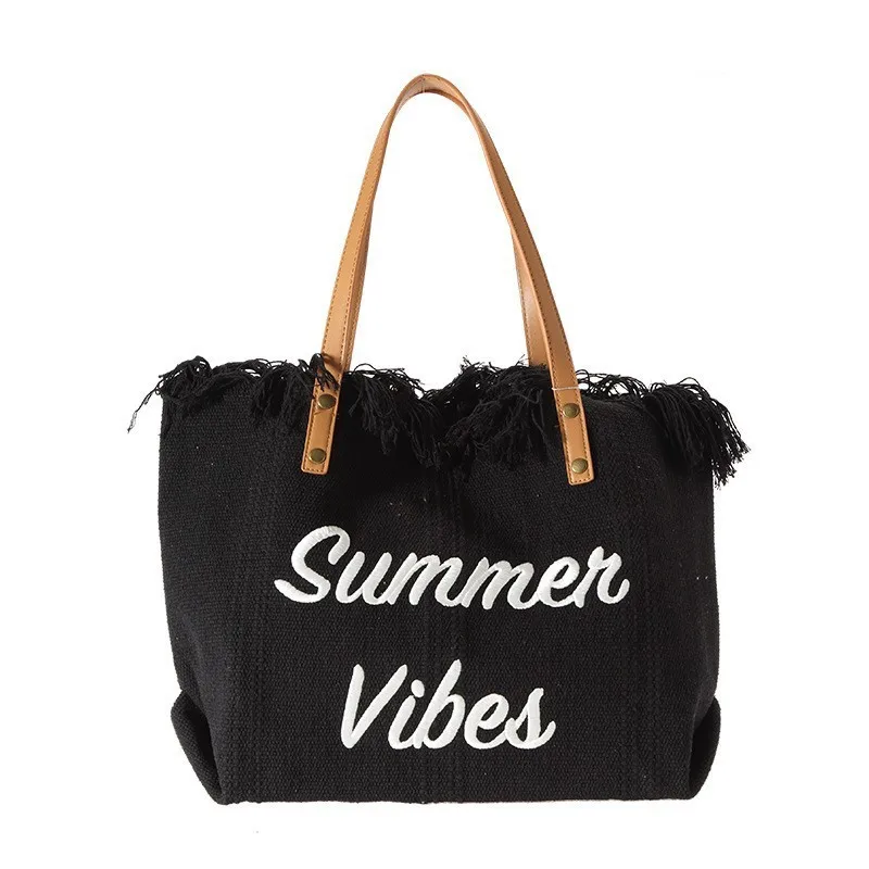 Double straps casual women's tote Bags customize logo Embroidered canvas woven beach Women Shoulder Bag