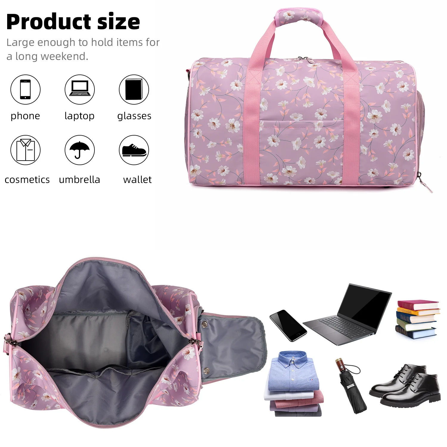 Customize Logo Floral Red Pink Girls Fitness Sports Bags Shoe Gym Waterproof Travel Womens Custom Duffle Bag