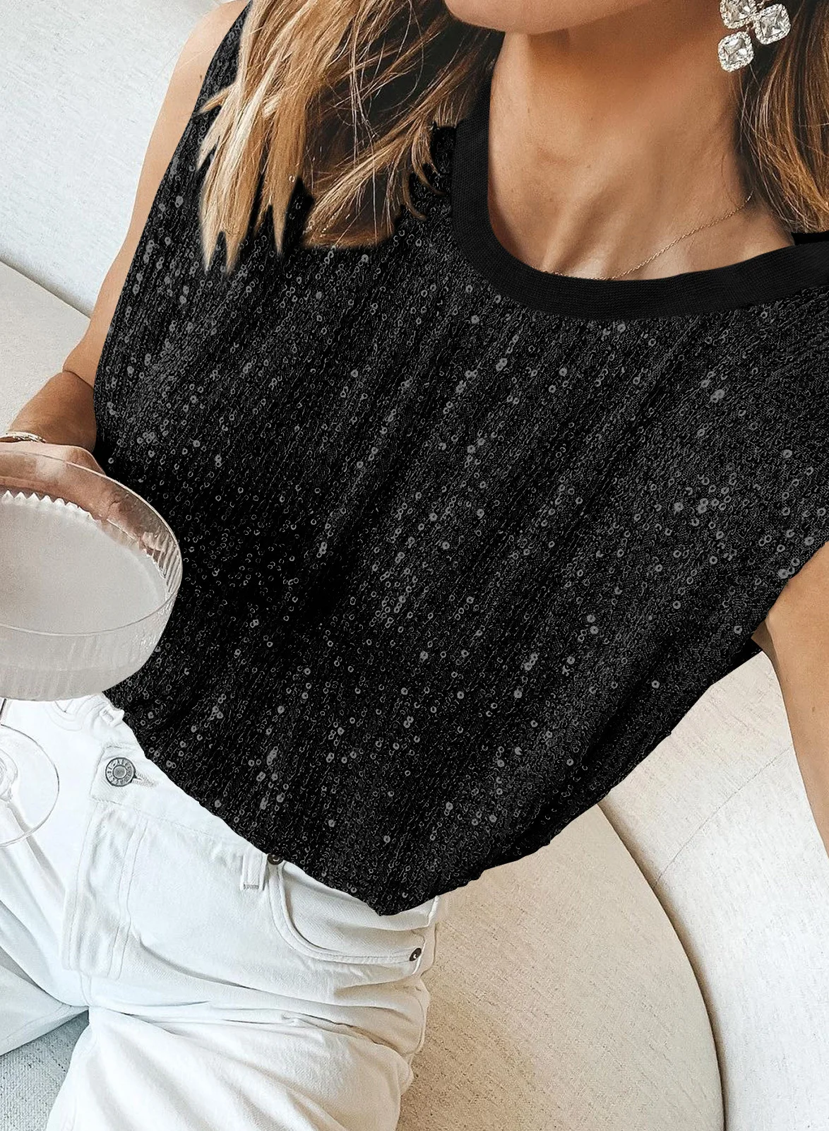 OEM Sequins Fashion Tank Tops Music Party Sleeveless Patchwork O Neck Hollow Out Handmade Celebrity Luxury Crop Top