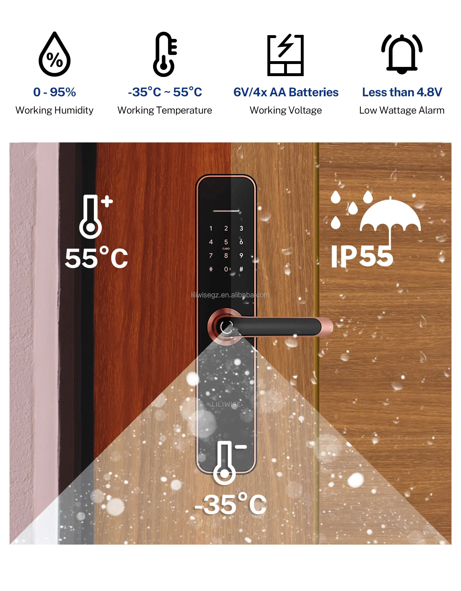 Liliwise Waterproof Outdoor Smart Door Lock with 6V Battery 35-75mm Door Thickness and 200 Fingerprint Capacity