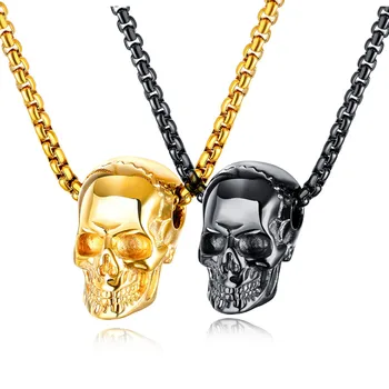 Wholesale Stainless Steel Punk Jewelry Necklace Silver Black Gold Punk Mens Skull Head Pendant Necklace for Guys