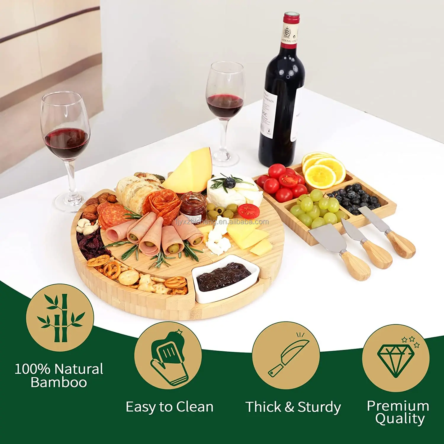 product large round charcuterie cheese board set bamboo cheese serving platter cheese tray and knife set for gift-2