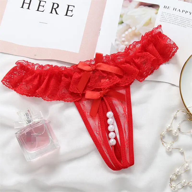 New arrival women's sexy lace open crotch thong pearl transparent hot sexy no-off underwear