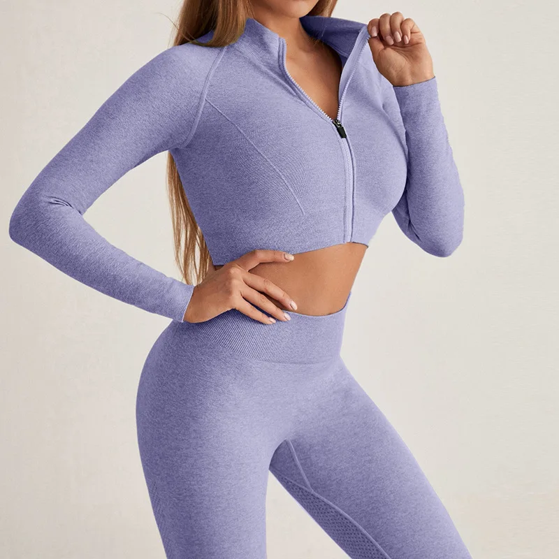 Women Yoga Clothing Suit Seamless Exercise Fitness Clothing Suit Zipper Tight Long Sleeve High Waisted