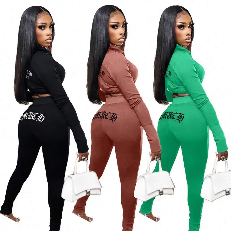 2023 Fall Long Sleeve Embroidery 2 Piece Set Women Clothes Casual Outfits For Women Jogger Set Two Piece Pants Set with Stretch