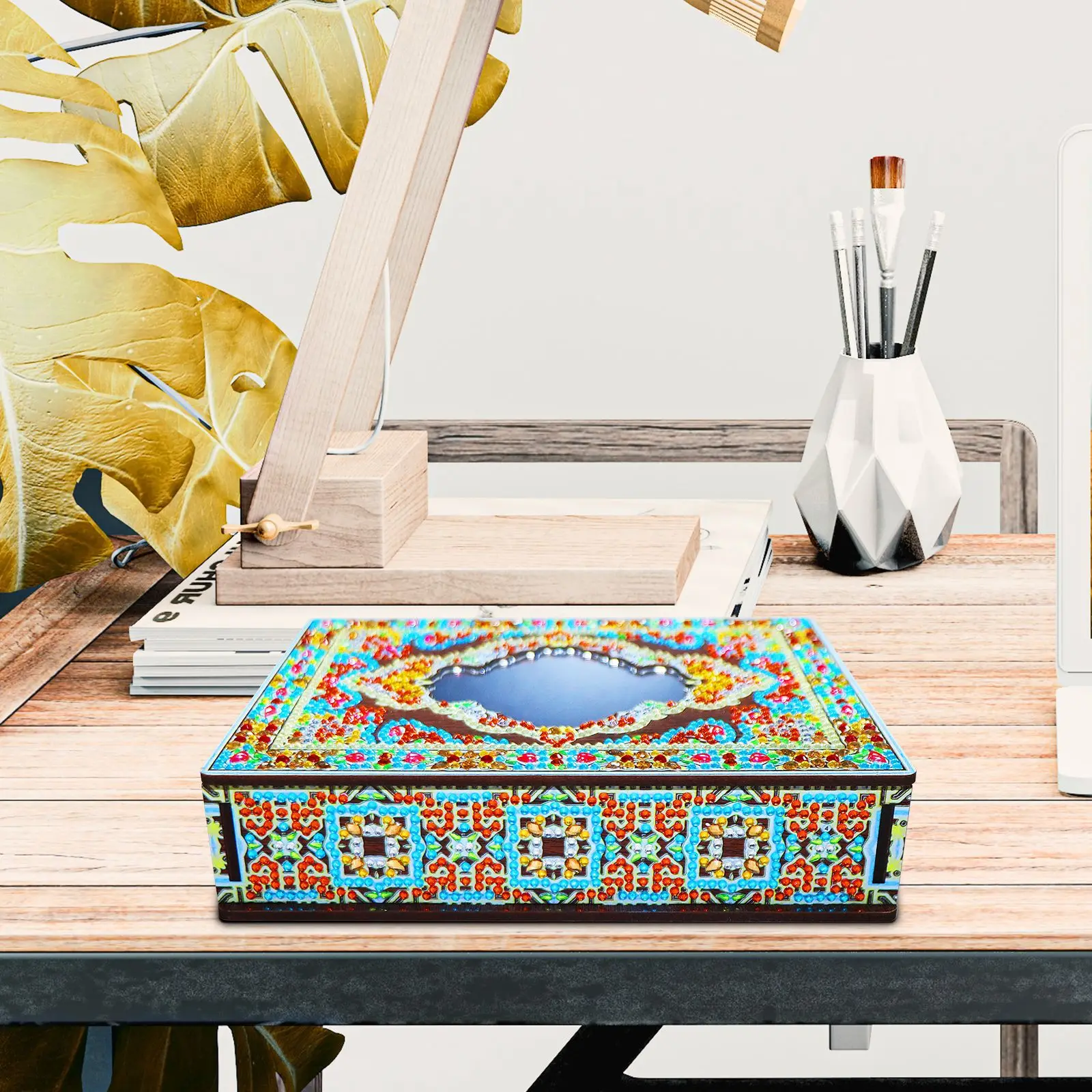Mandala jewelry organizer wooden box with mirror diy storage case drilled with diamond