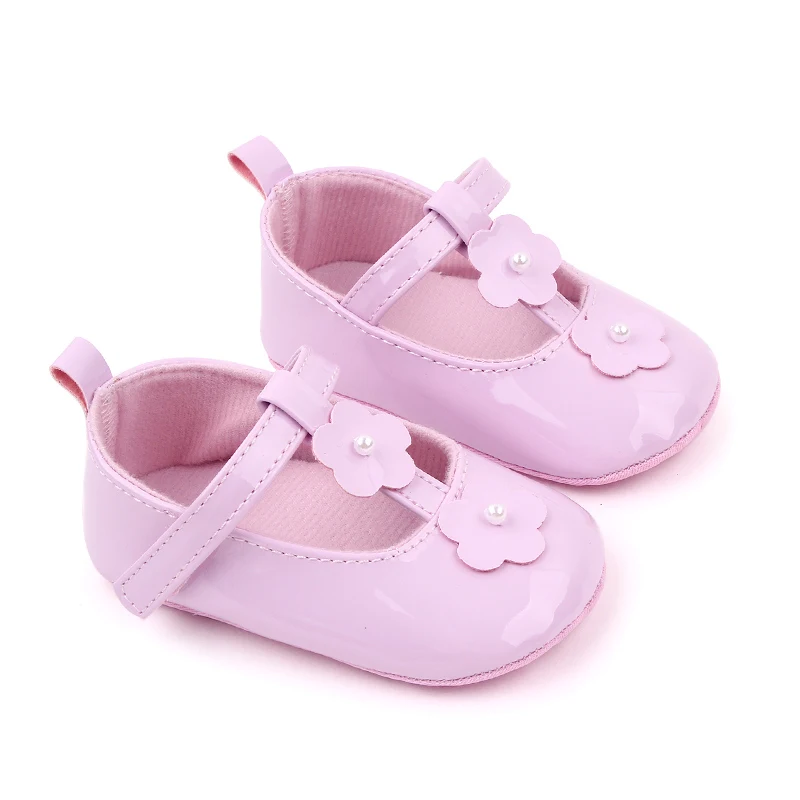 Soft Soled Princess Small Leather Shoes for Baby Girls with Flowers in Solid Color Leather supplier