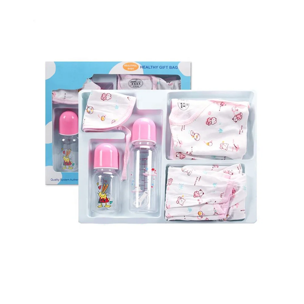 Wholesale High Quality Newborn Pink Blue Giveaway Gift Box Set PP Material Cartoon Baby Feeding Bottle Sets