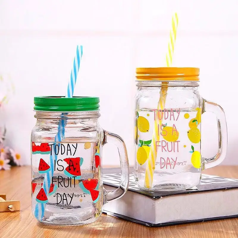 A3322 Cold Drinking Handle Jars Gifts Transparent Beverage Juice Bottle With Lid Water Cup Mug Glass Storage Mason Jar