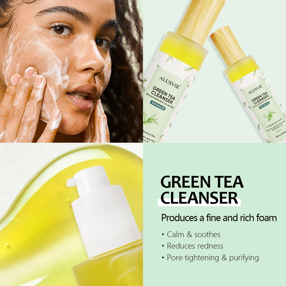 Private Label Natural Green Tea Soothing Brightening Skin Face Wash Serum Cream Organic Skin care products Set Natural For Women