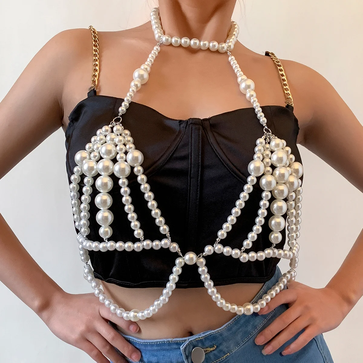 Sexy Imitation Pearl Harness Chest Bra 