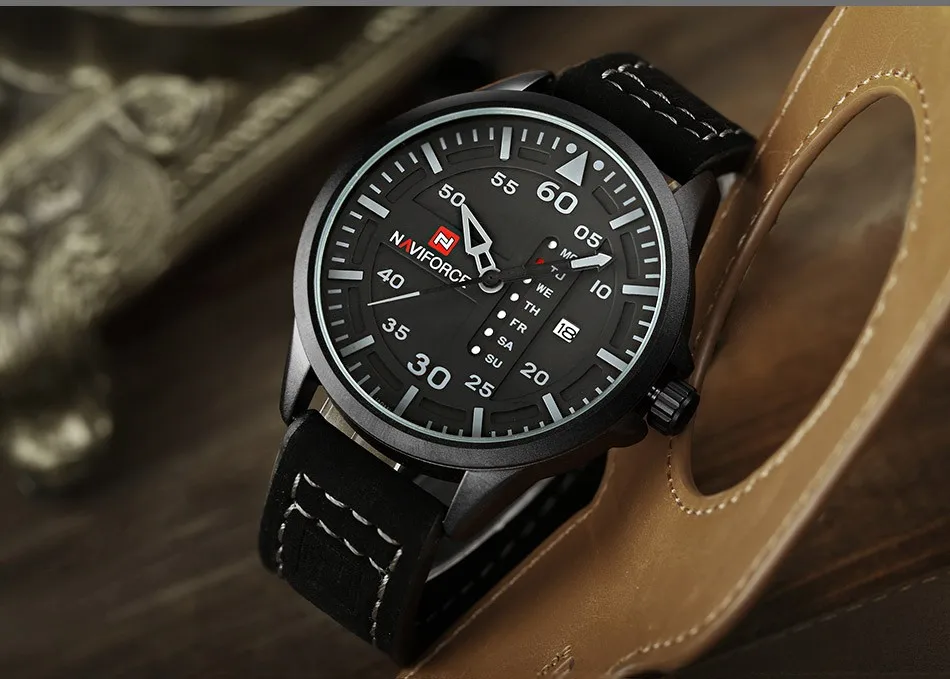NAVIFORCE 9074 Men Quartz Waterproof 3BAR Leather