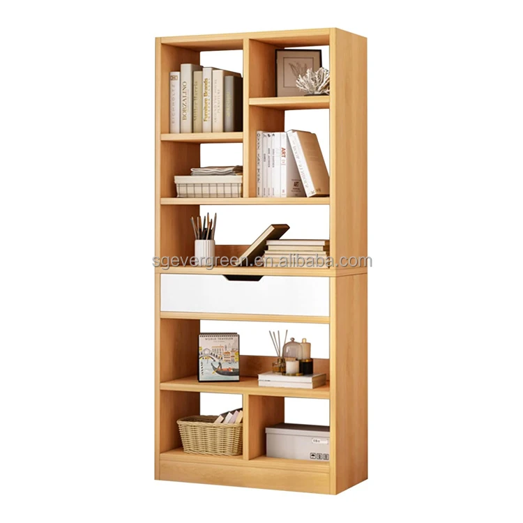 Warm white wooden Open Shelf Bookcase Floorstanding book shelf with drawer