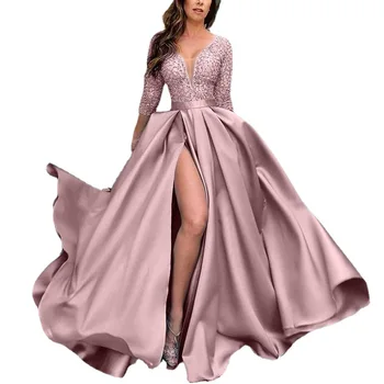 Good Quality Plus Size Big Swing High Split Formal Party Luxury Wedding Bridesmaid Floor-Length Lace Long Gown Evening Dress