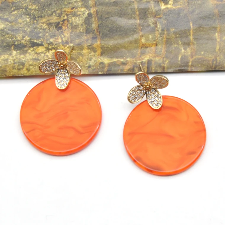 2021 spring summer trendy bright orange color acrylic and druzy stud earring