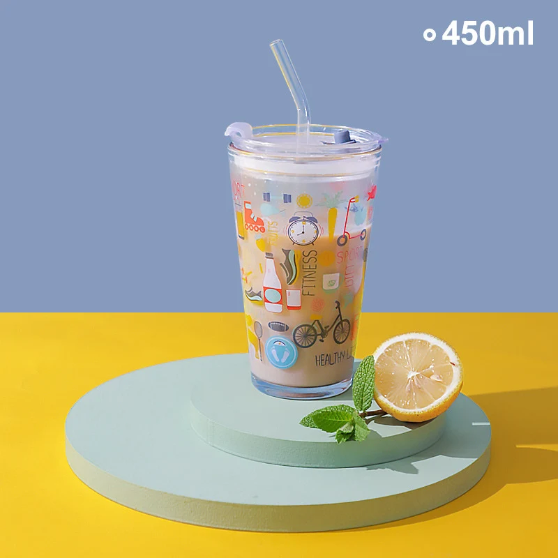 Customized  creative cute 450ml Cartoon glass office milk cup with straw drink cup