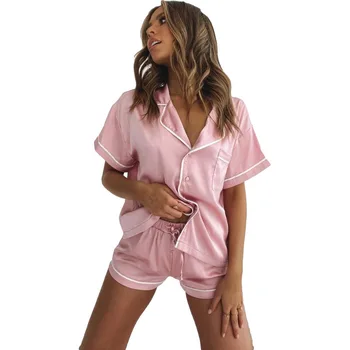Women Pajamas Set Notch Collar Satin Sleepwear Pjs Short Sleeve Button Down Nightwear With Shorts