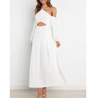 Long White New Arrival Fashion Sexy Shirred Bodice Women's Long Sleeve Dress White Solid Women Maxi Dress