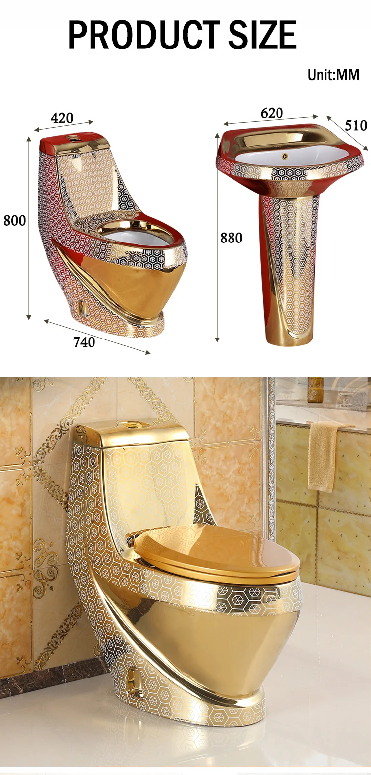 Plating Gold Color One Piece Toilet Bowl Set And Pedestal Basin Sink