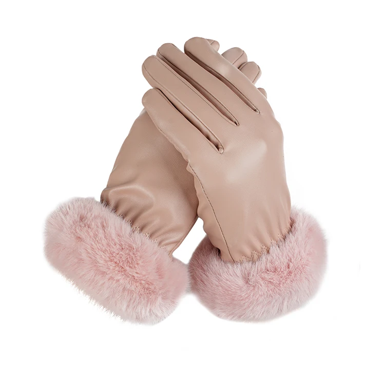 pink leather gloves with fur
