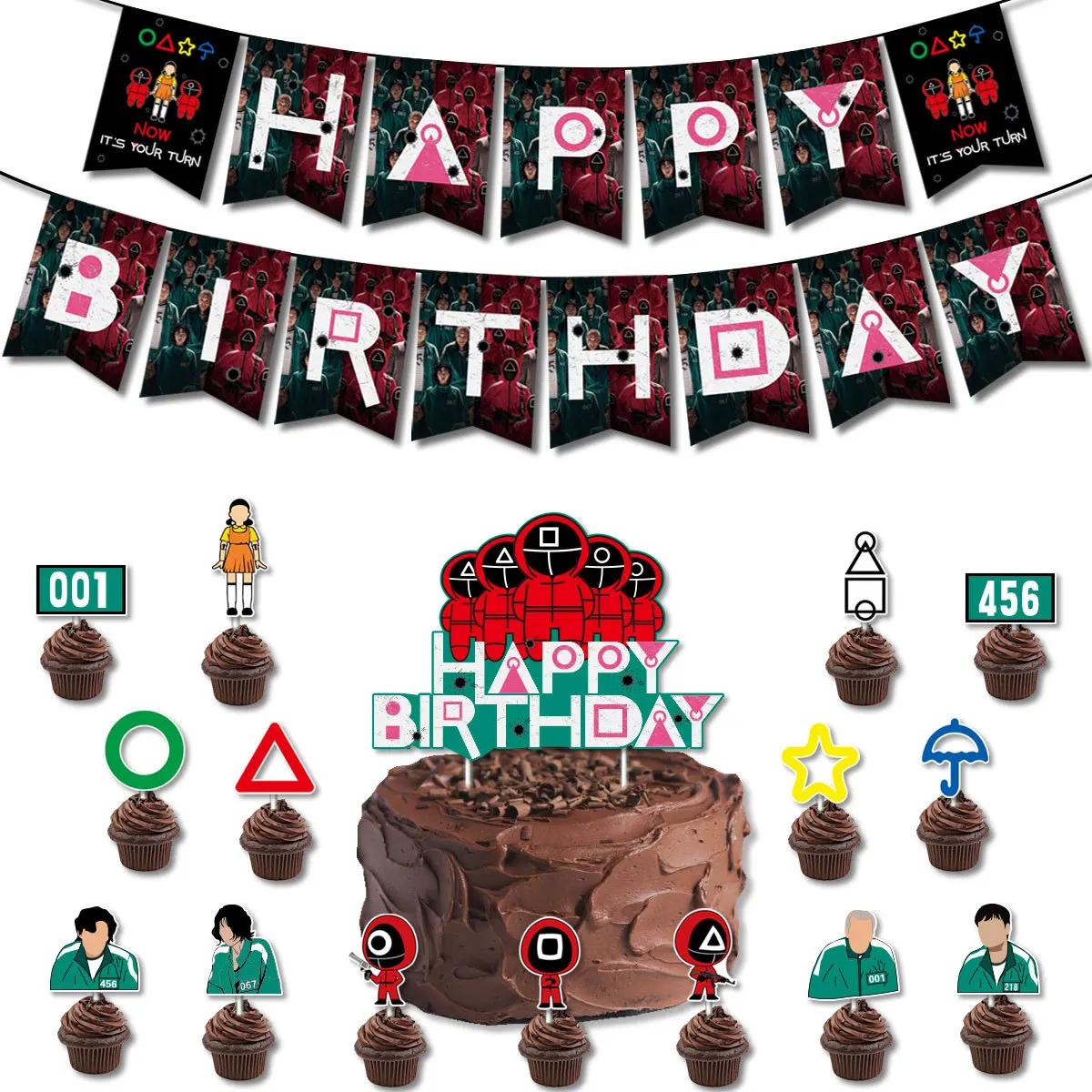 Hot Sale Korean Tv Theme Birthday Party Decoration Happy Birthday Paper  Banner Squid Game Cake Topper Set - Buy Event & Party Supplies Squid Game  Banner,Party Supply Wholesalers Happy Birthday Cake Topper,Aldult
