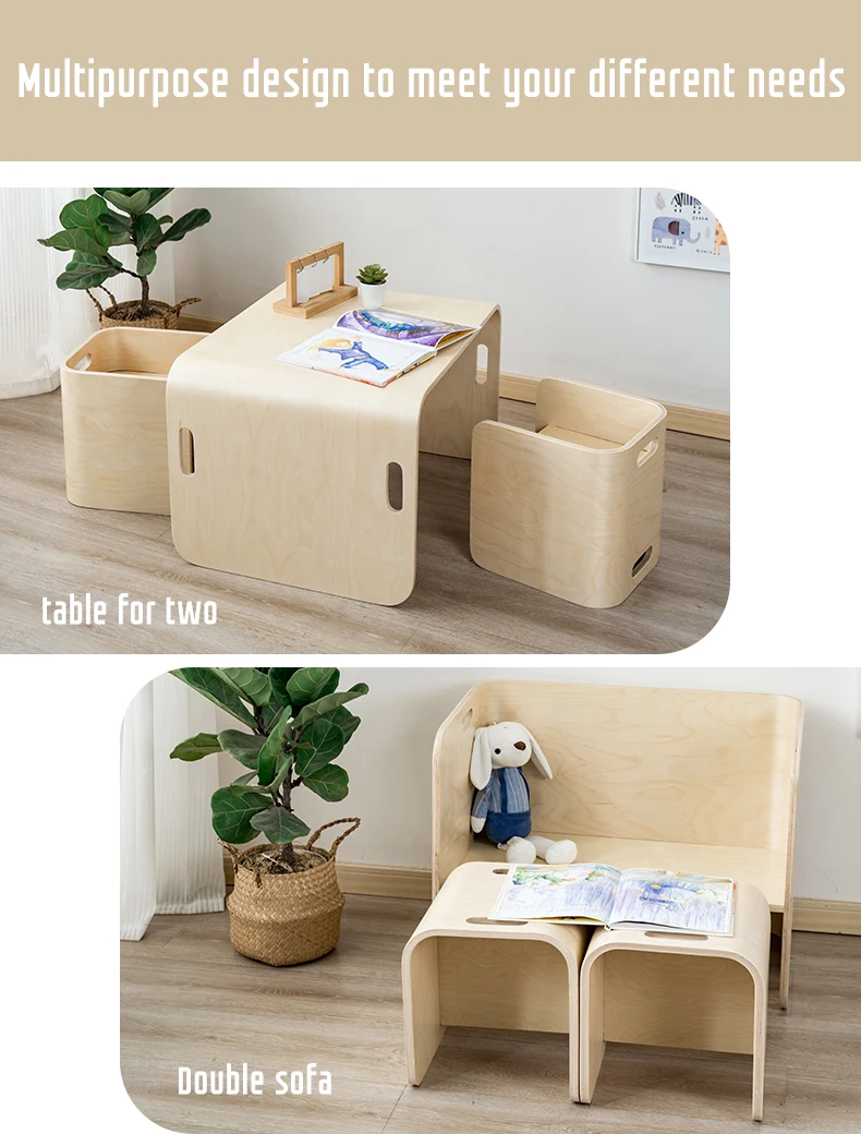 Furnitur Homeschool Serbaguna Anak Bentwood Natural 3 Piece Meja & Kursi Kayu Anak Set pabrik