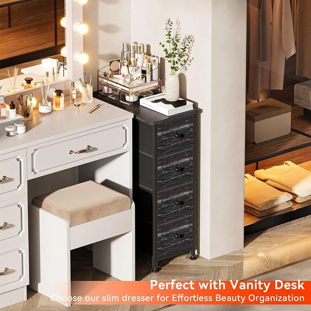 product modern 4 drawer dresser storage tower with steel frame and wood top slim narrow bedroom dresser with removable fabric drawers-3